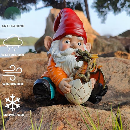 Fantasy Dragon Gnome Garden Statue - 6.8" Weatherproof Resin Garden Gnome with Baby Dragon, Unique Outdoor & Indoor Decor, Handcrafted Yard Art, for Fantasy Lovers & Gardeners