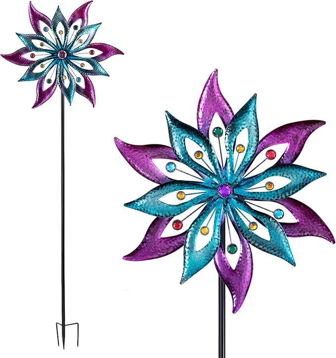 Alpine Corporation 64" Tall Outdoor Floral Windmill Stake with Gems Kinetic Spinner, Purple and Aqua