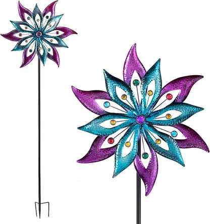 Alpine Corporation 64" Tall Outdoor Floral Windmill Stake with Gems Kinetic Spinner, Purple and Aqua