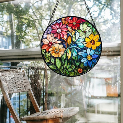 Stained Glass Window Hanging Colorful Flowers and Green Plants 9.8" - Suncatcher Door Garden Sun Catcher Home Decor Birthday Christmas for Mom Men Woman Nana Friend