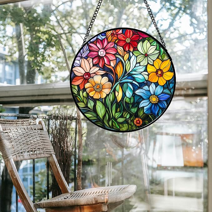 Stained Glass Window Hanging Colorful Flowers and Green Plants Large 15" - Suncatcher Door Garden Sun Catcher Home Decor Birthday Christmas for Mom Men Woman Nana Friend
