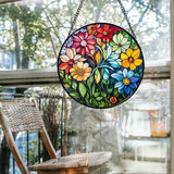 Stained Glass Window Hanging Colorful Flowers and Green Plants Large 15" - Suncatcher Door Garden Sun Catcher Home Decor Birthday Christmas for Mom Men Woman Nana Friend