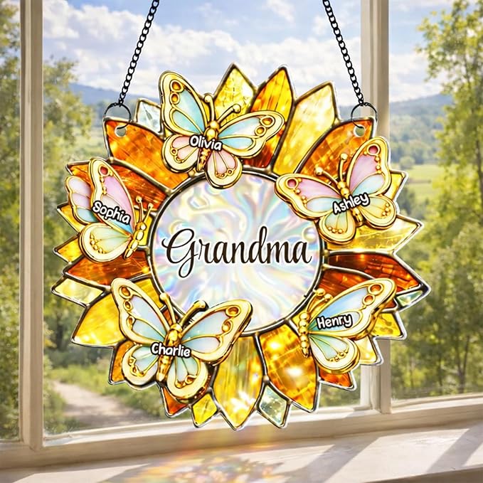 Personalized Grandma Stained Glass Suncatcher, Custom Butterfly Sunflower Window Hanging with Kids Names, Decorative Hanging Ornament for Window Home Decor, Gift for Mother’s Day