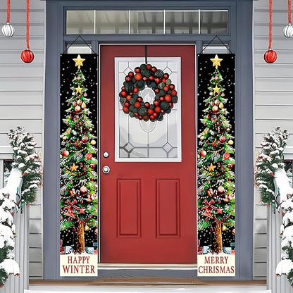 BlissYard Xmas Tree Banner Happy Winter Christmas Door Banner Holiday Wall Hanging Decoration with Red Green Gold Ornament Design Vertical Door Entryway Banner for Indoor Outdoor Seasonal Home Decor