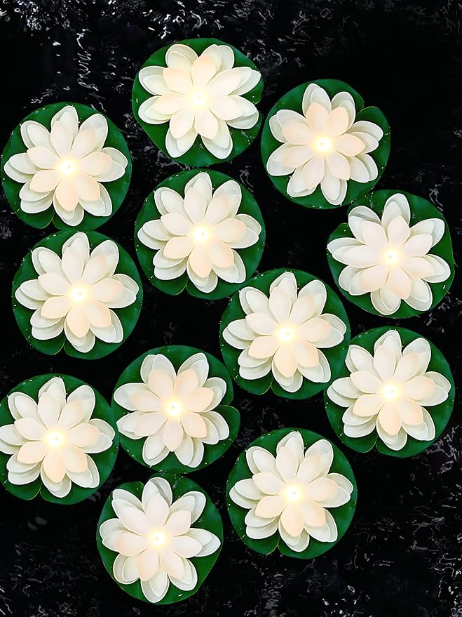 Hortsun 12 Pcs Floating Lotus Lights with Batteries Lily Pads Pool Flowers Floating Candles Decor Artificial Pond Plants Decorations for Pool Pond Outdoor Indoor (White,5.91 Inch)