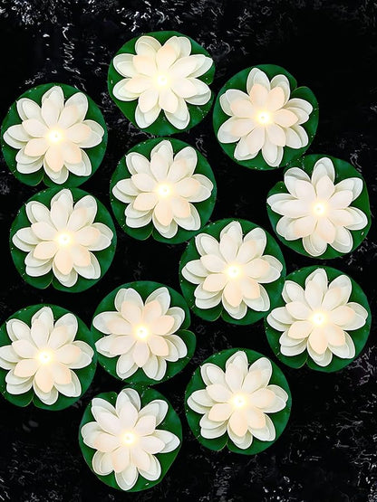 Hortsun 12 Pcs Floating Lotus Lights with Batteries Lily Pads Pool Flowers Floating Candles Decor Artificial Pond Plants Decorations for Pool Pond Outdoor Indoor (White,5.91 Inch)