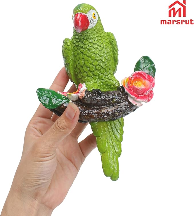 1PC Hanging Parrots for Patio Decor Outdoor, Perching On Branch Bird Figurine Statue, Metal Tropical Animal Model Sculpture with Round Ring for Nature Lovers DIY Lawn Natural Garden Tree Patio Home