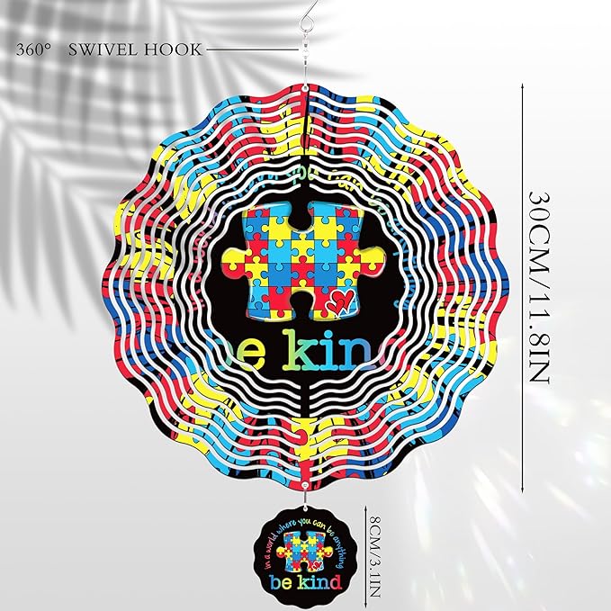 Hanging Wind Spinners Outdoor - Autism Metal 3D Wind Spinner 12 Inch Kinetic Spinning Decor for Patio Lawn Garden Indoor Balcony Stainless Steel Ornaments Art Gifts for Women Men Friends