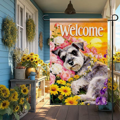 IVN Welcome Dog Garden Flag 12x18 Inch – Floral Puppy Spring Summer Outdoor Flag, Double Sided Burlap Yard Flag for Porch Lawn Patio Decor