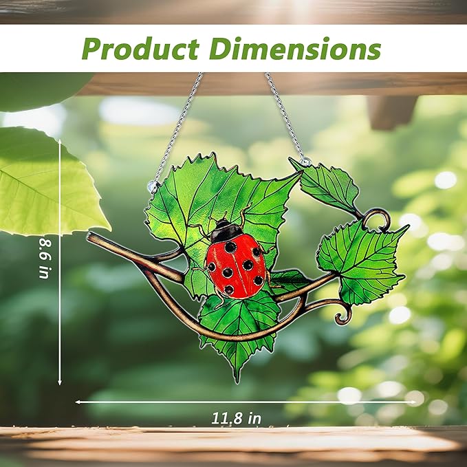 Ladybug Suncatcher Stained Glass, Ladybug Sun Catchers Window, Unique Nature Lover Gifts Leaf