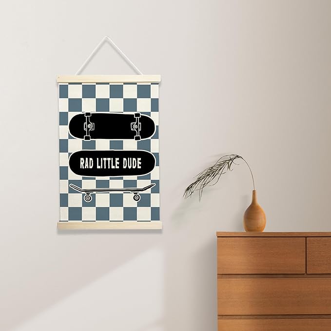 NQDWX Skateboard & Blue Checkered Little Man Cave Banner - Boys Room Wall Decor, 12x17 Inch Canvas Hanging Flag with Wood Frame, Cool Preppy Skate Poster for Bedroom, Playroom & Nursery. (130)