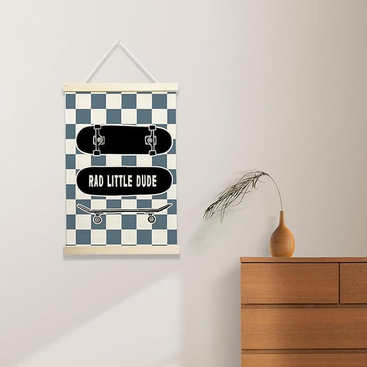 NQDWX Skateboard & Blue Checkered Little Man Cave Banner - Boys Room Wall Decor, 12x17 Inch Canvas Hanging Flag with Wood Frame, Cool Preppy Skate Poster for Bedroom, Playroom & Nursery. (130)