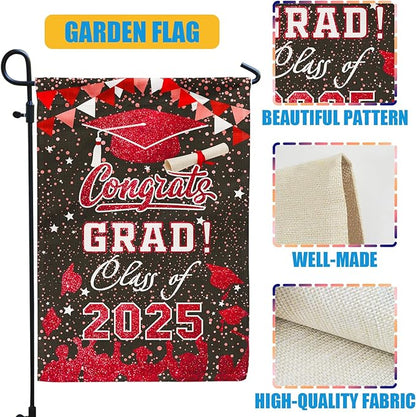 Graduation Garden Flag Class of 2025, Red Congrats Grade Flag for Outside Party Hanging Decorations 12x18 Inch Burlap