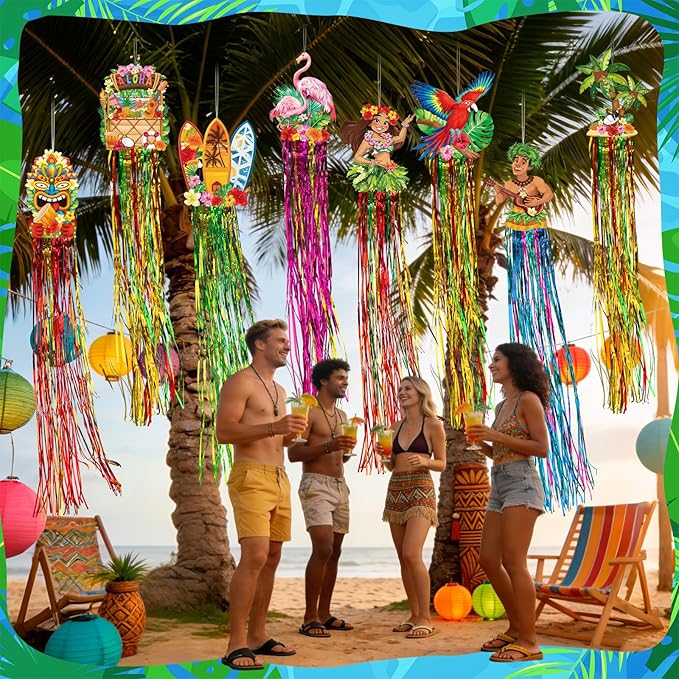 Affrolling 8 Pcs Hawaiian Luau Party Decoration Tropical Tiki Aloha Flamingo Decorations with Tassels for Hawaii Luau Tropical Birthday Party Supplies 3.3 ft Outdoor Summer Door Banner Sign Decor