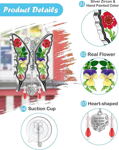 KY&BOSAM Gifts for Women God Bless My Sister in-Law Butterfly Suncatcher Sister Gifts Pressed Flower Between Wings Glass Silver Metal Charm Birthday Mother's Day Thanksgiving Christmas