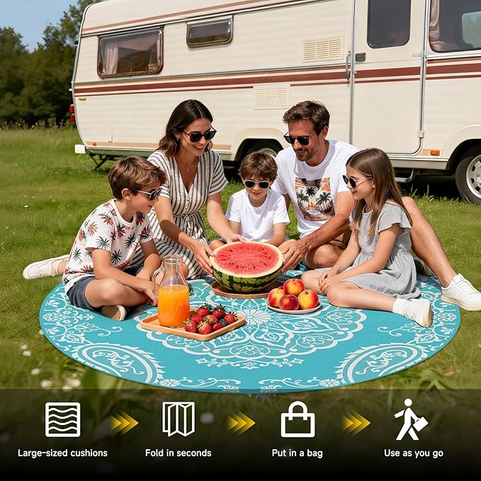 Pauwer Waterproof Outdoor Rug 6ft, Reversible Plastic Straw Patio Camping Rug, Indoor Outdoor RV Mat Carpet for Deck, Camper, Porch, Balcony, Backyard, Picnic, Boho Teal
