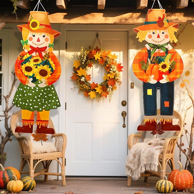 NOVWANG 2 Pcs Fall Scarecrow Windsocks, Autumn Outdoor Hanging Flag Fall Scarecrow Hanging Sign Thanksgiving Outside Flag for Yard Lawn Patio Garden Party Decorations