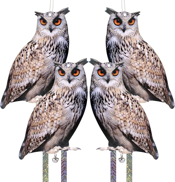 4PCS Hanging Flat Fake Owl to Keep Pigeon Away from Balcony Garden Owls with Reflective Tape Plastic Owl to Scare Woodpecker Squirrel for Tree Outdoor House Outsider Yard Window Patio Porch