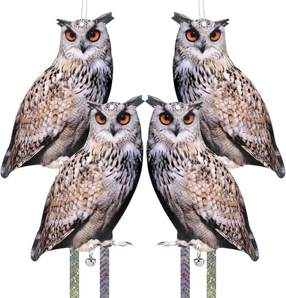 4PCS Hanging Flat Fake Owl to Keep Pigeon Away from Balcony Garden Owls with Reflective Tape Plastic Owl to Scare Woodpecker Squirrel for Tree Outdoor House Outsider Yard Window Patio Porch