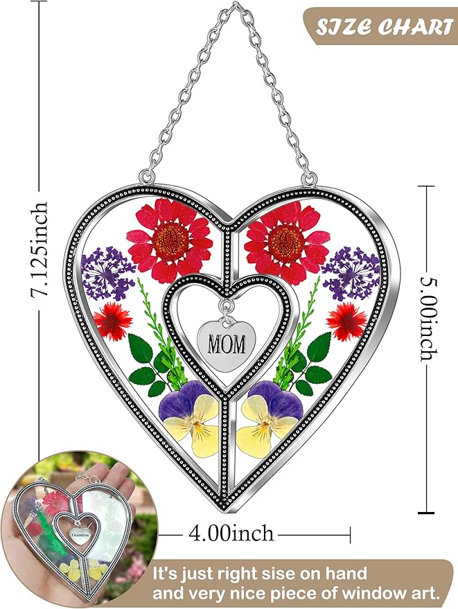 KY&BOSAM Heart Suncatcher Mom Gifts Stained Glass Panels Suncatchers for Windows Hangings Ornament with Pressed Flower Heart in Glass and Heart Charm Birthday Gifts for Mom Mothers Day Christmas Decor
