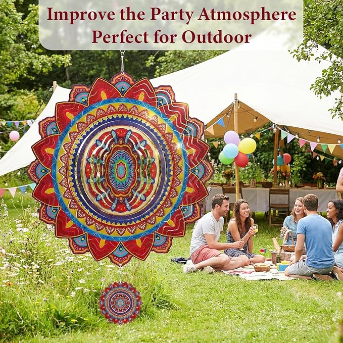 Mandala Wind Spinners Outdoor, 12In Stainless Steel Wind Spinners Outside, 3D Kinetic Hanging Sculpture, Rustproof Metal Garden Decor Ornaments for Yard Art, Women, Men, Holidays