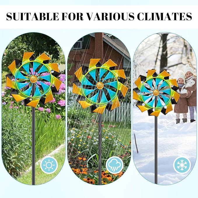 59 Inch Kinetic Wind Spinner Outdoor, Double Blade Wind Sculpture with 5 Prong Base, Garden Metal Pinwheel for Yard Lawn Patio Decor(Colorful)