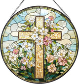 Cross Flower Suncatcher Stained Glass Window Hanging, Christian Wildflower Sunset Landscape Sun Catchers Indoor Window Glass Round Wall Decor, Religious Wall Art Hanging Decorations Statues