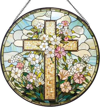 Cross Flower Suncatcher Stained Glass Window Hanging, Christian Wildflower Sunset Landscape Sun Catchers Indoor Window Glass Round Wall Decor, Religious Wall Art Hanging Decorations Statues