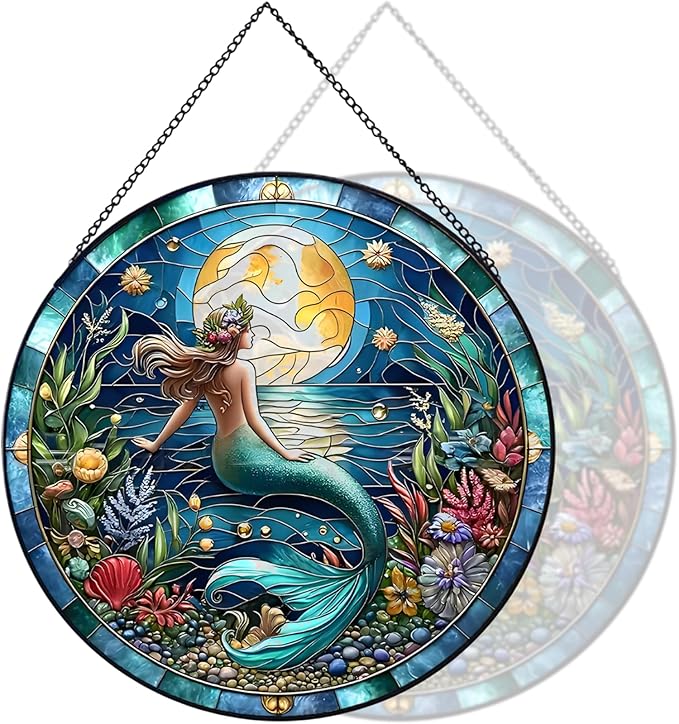 RIVEENY Mermaid Suncatcher Stained, Stained Glass Window Hanging, Mermaid Suncatchers for Windows, Hand Painted Glass for Ocean Lover 20cm/7.87inch