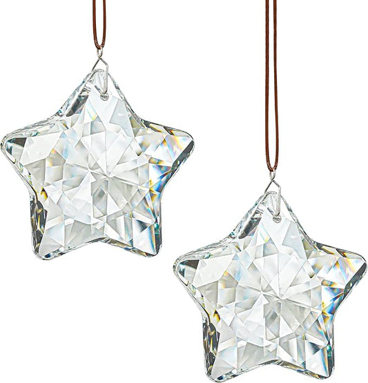 H&D HYALINE & DORA 2 Pcs 2" Crystal Sun Catcher Prisms for Windows Star Chandelier Crystals Clear Hanging Crystals for Patio,Chandelier,Garden Decoration