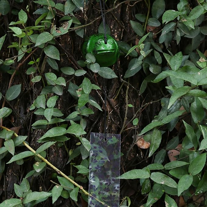 Japanese Wind Chime Cast-Iron Outdoor Ornament for Garden, Patio & Balcony, Hanging Metal Wind-Bell Decoration Gift, Blessing Pendant Windchimes & PVC Wind-Catcher, Green Frog