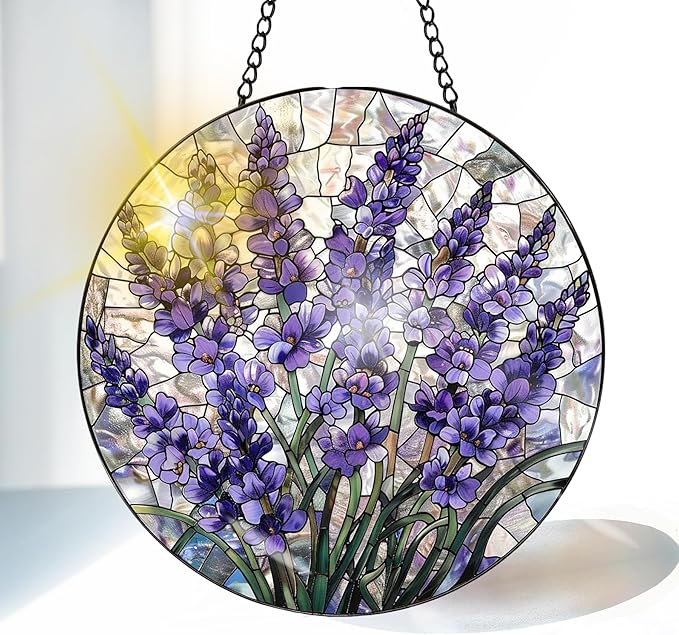 VAIIEYO Lavender Sun Catcher Stained Glass Window Hanging Ornament, Handmade Sun Catcher Flower Decoration with Hooks for Window Garden Home, Mother's Day & Birthday Housewarming Gift (7.8 inch)