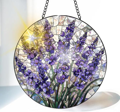 VAIIEYO Lavender Sun Catcher Stained Glass Window Hanging Ornament, Handmade Sun Catcher Flower Decoration with Hooks for Window Garden Home, Mother's Day & Birthday Housewarming Gift (7.8 inch)