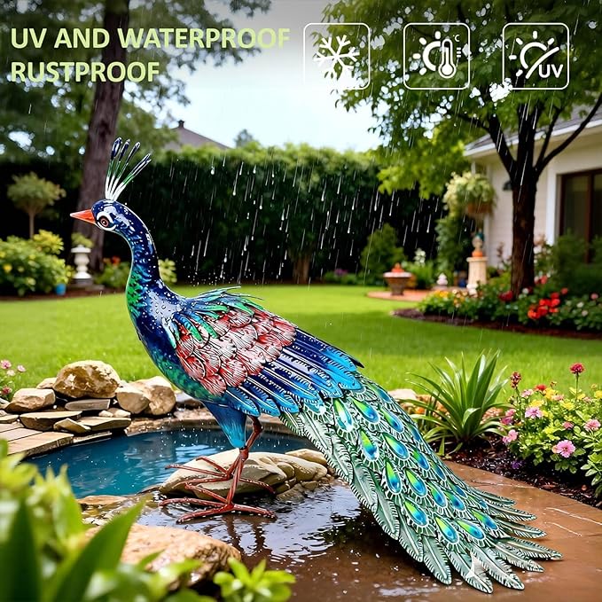 Kircust Metal Peacock Statue for Outdoor Decor - 24" L Elegant Peacock Sculpture for Garden, Patio, Yard, or Home - Weatherproof & Handcrafted Peacock Art