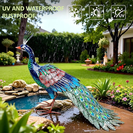 Kircust Metal Peacock Statue for Outdoor Decor - 24" L Elegant Peacock Sculpture for Garden, Patio, Yard, or Home - Weatherproof & Handcrafted Peacock Art