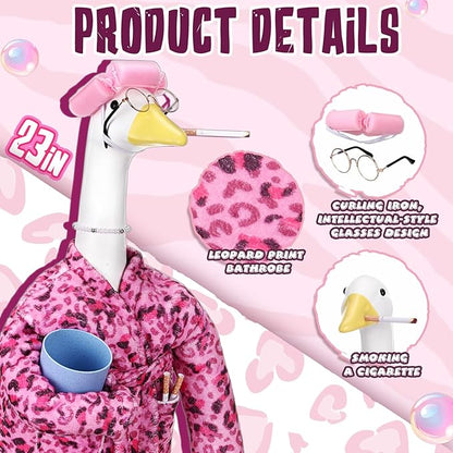 23 Inch Porch Goose Statue Outfits Set Pink Leopard Porch Goose Bathrobe Costumes with Clothes & Accessories for Patio Yard Garden Lawn Outdoor Decoration