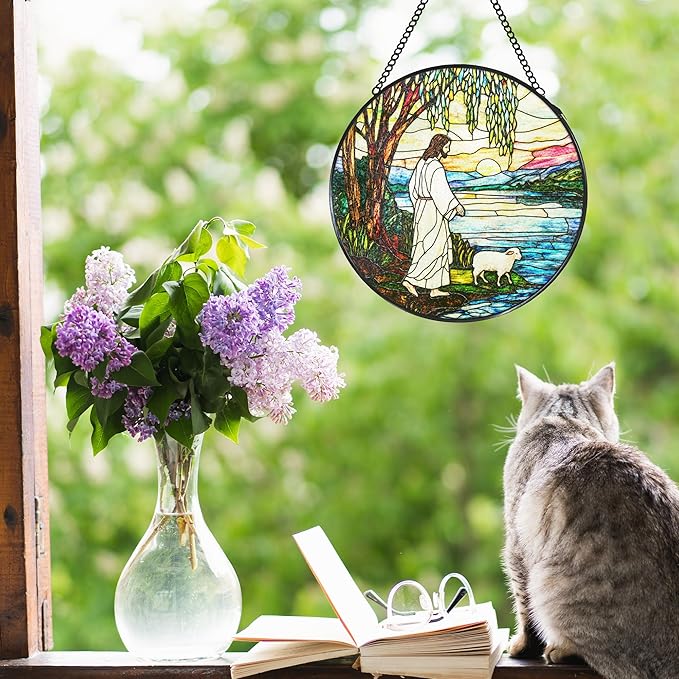 Jesus and Lamb Stained Glass Window Hanging Suncatcher, Christian Willow Tree Sun Catcher Indoor Window Decor, Religious Painted Glass Round Wall Hanging Decorations, 7.8x7.8 in