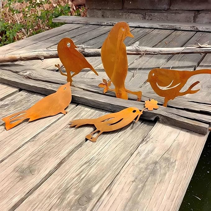 5PCS Rusty Metal Bird Garden Decor, Spring Yard Art Decorations for Outdoor Fence, Lawn & Patio – Unique Outdoor Ornaments