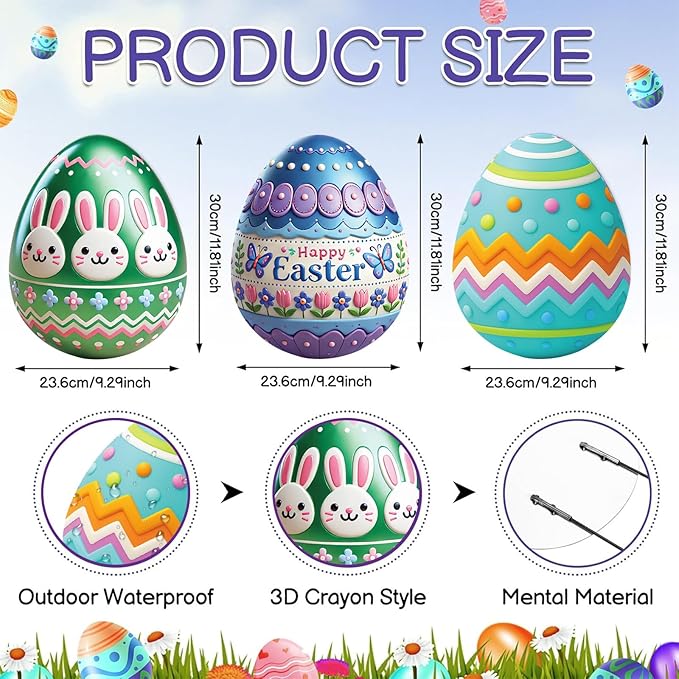 DoubleFill 3 Pcs Easter Decorations Outdoor 3D Metal Easter Eggs Yard Signs Decorative Garden Stakes Eggs Bunny Lawn Decorations Yard Decor for Spring Ornament Lawn Pathway Garden(Classic Style)