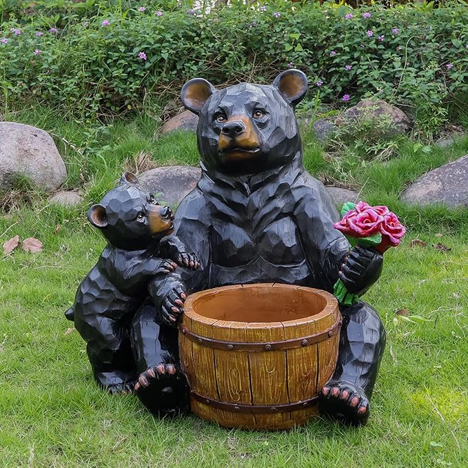 Black Bear Garden Statue Planter, Waterproof Outdoor Resin Animal Flower Pot, Yard Lawn Patio Decor, Front Porch Ornament Housewarming Gift(Mother and Baby Black Bear)