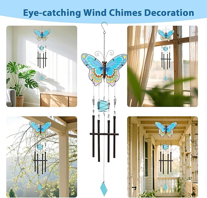 MUMTOP Butterfly Wind Chimes for Outside, Stained Glass Wind Chime Windchimes for Patio, Outdoor,Garden,Yard,Coastal,Window,Home Decor or Gifts for Women(Colorful)