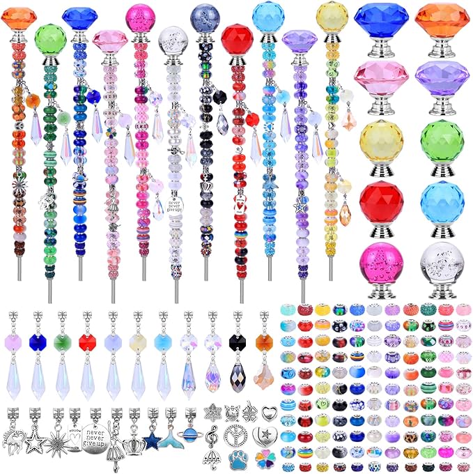 AIPRIDY DIY Fairy Wand Garden Stakes Kit, Crystal Beaded Decorative Wands Set, Outdoor Garden Decoration with Assembly Guide (Mixed Top 390 Pcs)