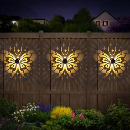 Hapjoy Solar Fence Lights 4 Pack Solar Deck Lamps Outdoor Decorations Powered Step Lights Wall Waterproof LED Warm Decorative Lighting for Garden (Butterfly-Star, 4)