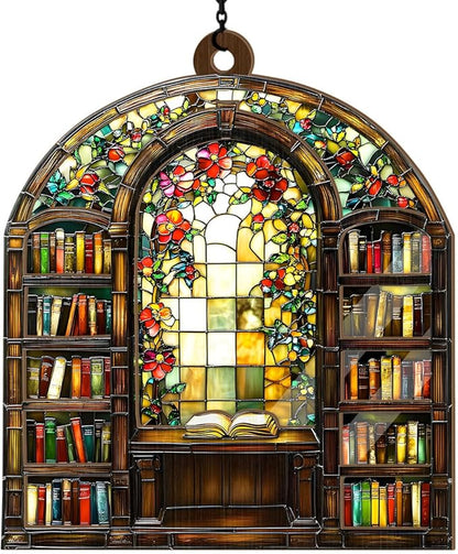 Jesuspirit - Window Hanging Suncatcher – Crystal Clear Acrylic & Wood Sun Catcher for Home Decor, for Women (Library Bookshelf, 8 Inches)