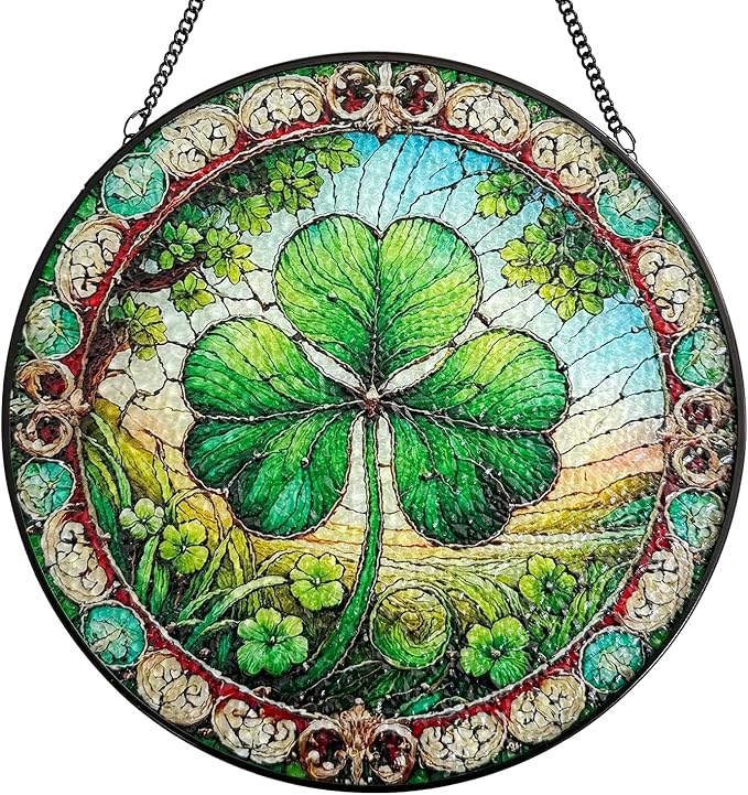 Stained Glass Window Hanging, Shamrock Suncatcher Decor, Clover Wall Art Ornament Decorations for Home Bedroom Garden Farmhouse, Birthday Housewarming Gift for Women Mom, 7.8 Inch