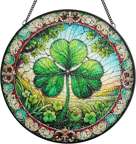 Stained Glass Window Hanging, Shamrock Suncatcher Decor, Clover Wall Art Ornament Decorations for Home Bedroom Garden Farmhouse, Birthday Housewarming Gift for Women Mom, 7.8 Inch