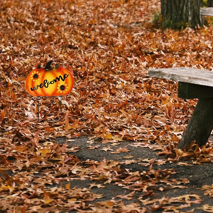 Rustic Metal Pumpkin Garden Stakes Standing Outdoor Welcome Signs Home Decorations Metal Pumpkins Yard Outdoors for Fall Harvest Decor Thanksgiving Halloween Lawn Decorations-24''H