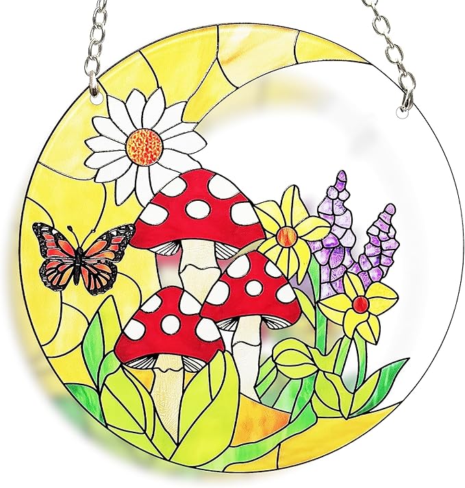 Mushroom Moon Stained Glass Suncatcher Home Decor, Mushroom Plant Lover Gifts for Women, Birthday Gifts for Mom Grandma Mothers