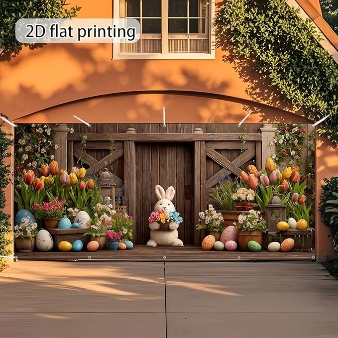 Easter Garage Door Banner Cover, Easter Bunny Flower Eggs Spring Party Backdrop Decor, Garage Door Cover For Outdoor Yard Holiday Decoration