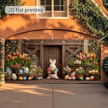 Easter Garage Door Banner Cover, Easter Bunny Flower Eggs Spring Party Backdrop Decor, Garage Door Cover For Outdoor Yard Holiday Decoration